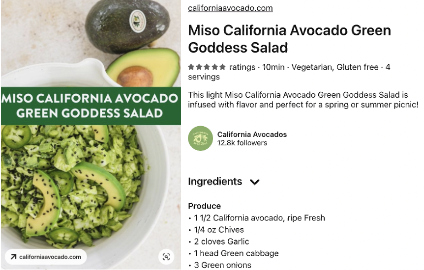 This Pinterest post leans into popular consumer search trends — Greek salads and Asian-inspired cuisine — to capture attention and drive brand affinity.