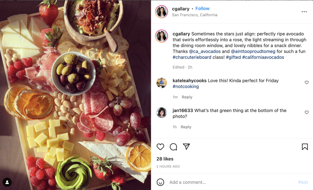 Meg Quinn shared her California avocado-inspired charcuterie board and recipes with her 294,000 Instagram followers.