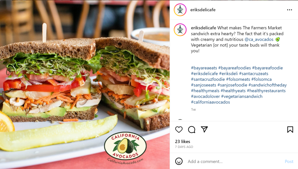 This March 29 post on the foodservice chain’s Instagram channel showcased a mouthwatering photo of fresh California avocados on the popular Farmer’s Market sandwich as well as the California Avocados brand logo. 
