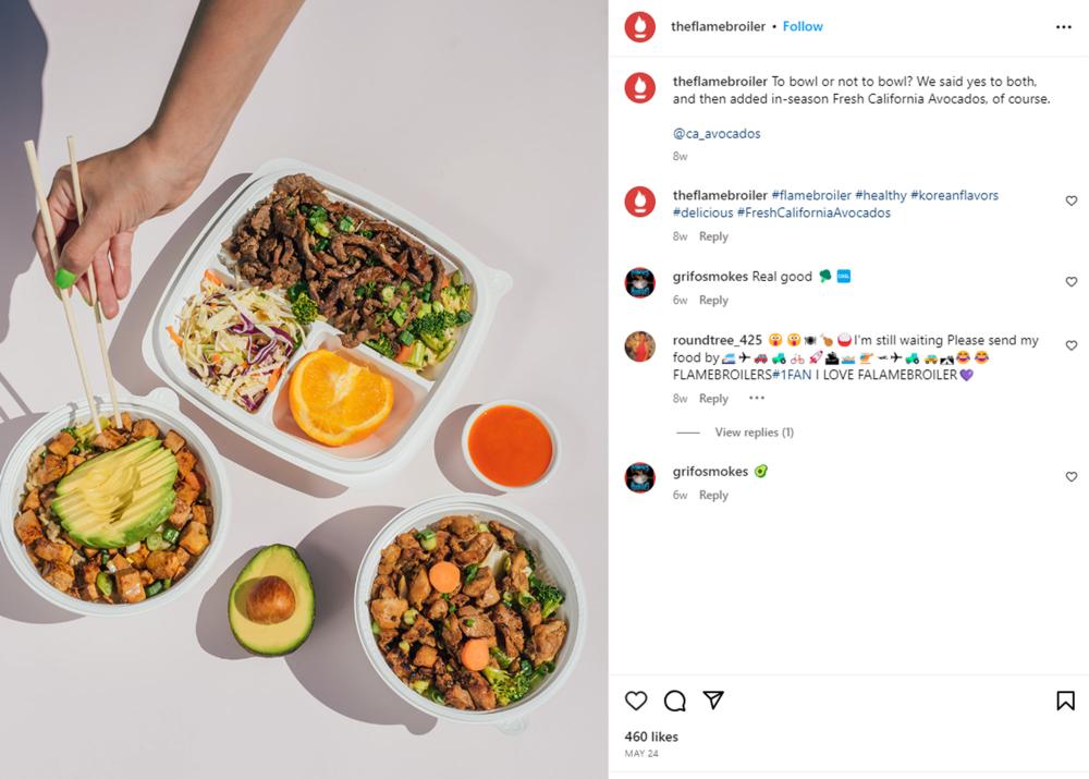 This late June post on Flame Broiler’s Instagram channel encouraged social media followers to comment on how they best enjoy California avocados when they are on the menu.