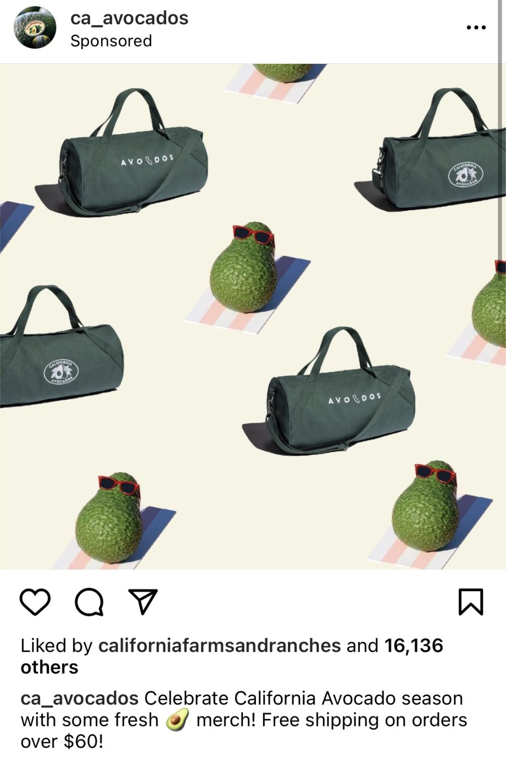 To drive traffic to the California Avocado Merchandise Shop, this Instagram post showcased a “free shipping” call-to-action.