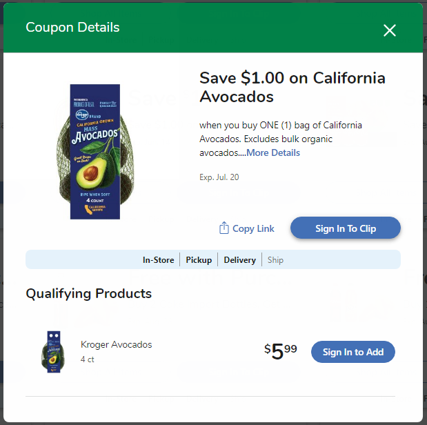 Kroger’s digital coupon for bagged avocados. 