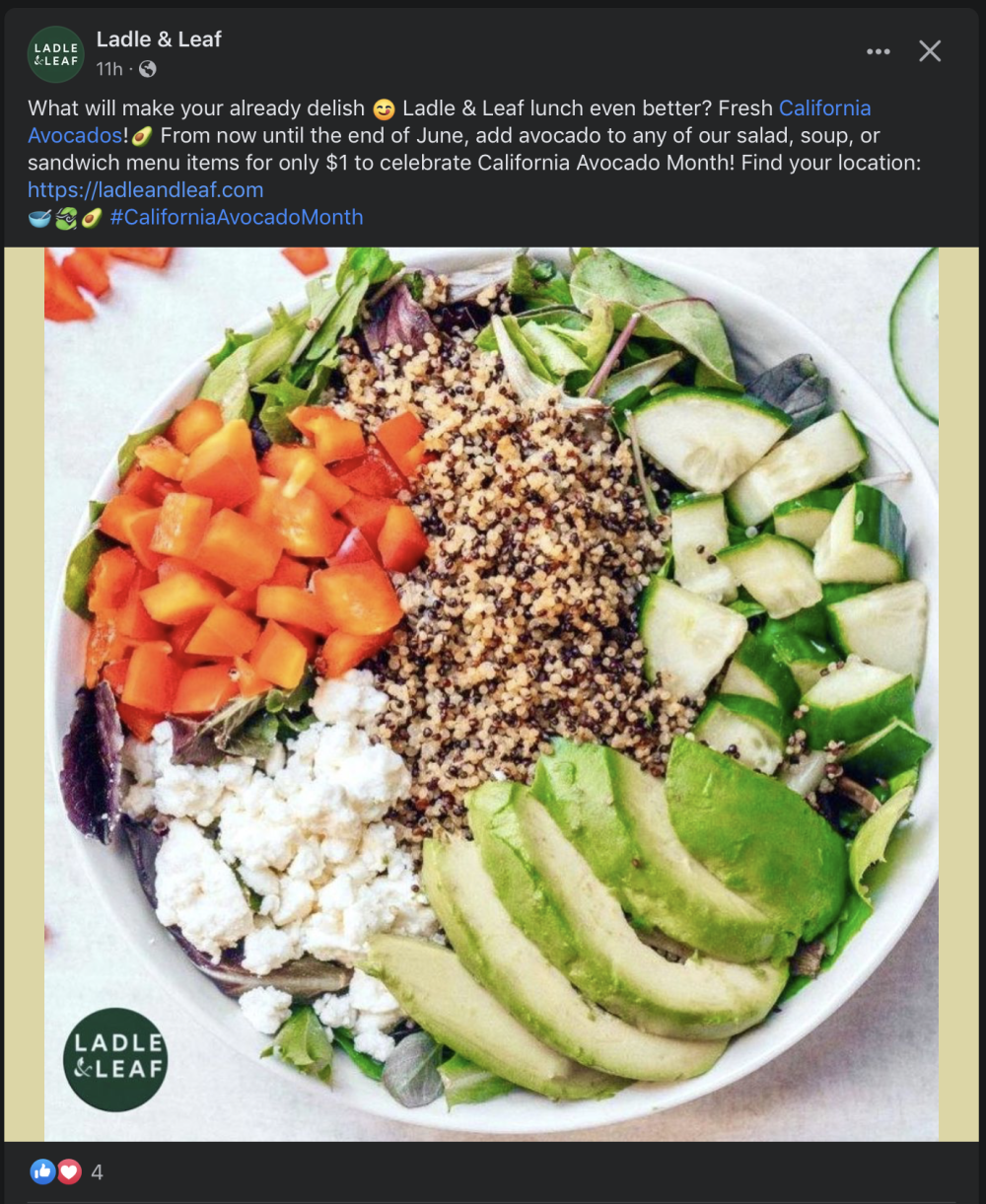 Tantalizing California avocado menu photos piqued the interest of Ladle & Leaf customers on Instagram.