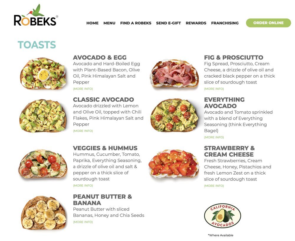 The Robek’s website showcased the California Avocados brand logo and three avocado toast menu items.