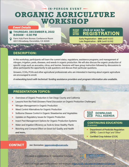 The UC Cooperative Extension is hosting an in-person Organic Agriculture Workshop on December 8.