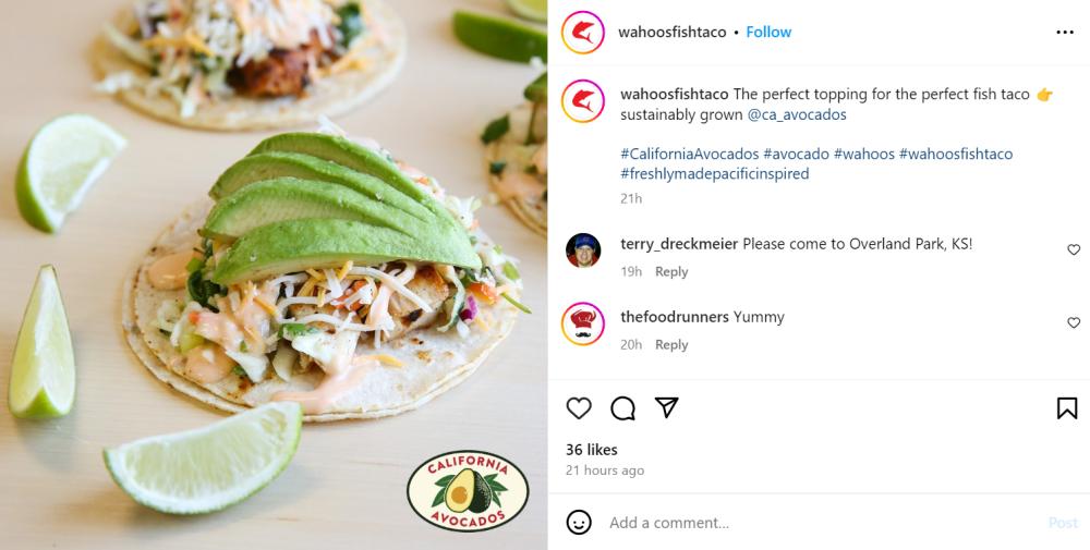 California avocado post on Wahoo's Instagram
