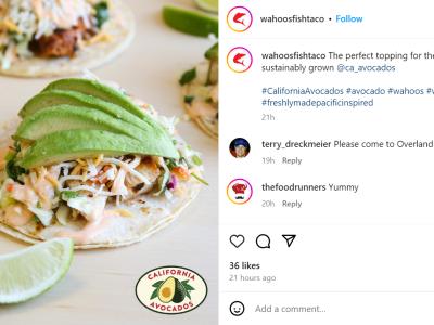 California avocado post on Wahoo's Instagram